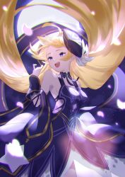 Rule 34 | 1girl, ahoge, artist request, bare shoulders, blonde hair, blue background, blue eyes, breasts, choker, cleavage, cross-laced sandals, dragalia lost, dress, earrings, full moon, hair ribbon, highres, horn ornament, horns, jewelry, large breasts, moon, moonlight, night, open mouth, ribbon, zena (dragalia lost), zethia