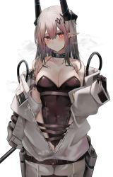 Rule 34 | 1girl, arknights, bare shoulders, black choker, black leotard, blush, breasts, cameltoe, choker, cleavage, closed mouth, collarbone, covered navel, cowboy shot, ear piercing, hair ornament, highres, horns, large breasts, leotard, long hair, long sleeves, looking at viewer, material growth, mudrock (arknights), mudrock (elite ii) (arknights), off shoulder, oripathy lesion (arknights), piercing, pointy ears, red eyes, ru zhai, solo, white background