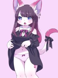 Rule 34 | 1girl, animal ear fluff, animal ears, black dress, black hair, bow, cat ears, cat tail, clothes lift, cross, dress, dress lift, earrings, female focus, furry, furry female, gradient hair, highres, jewelry, kemoribon, multicolored hair, open mouth, original, panties, pink background, pink panties, purple eyes, purple hair, red hair, simple background, solo, tail, tail bow, tail ornament, underwear, whiskers