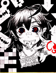 Rule 34 | 1girl, ?, absurdres, ahoge, alternate eye color, bandaid, bandaid on face, bandaid on nose, blue eyes, bobby pin, chain, chain necklace, character name, commentary request, earrings, greyscale, heterochromia, highres, houjuu nue, jewelry, looking at viewer, monochrome, multiple rings, necklace, nehitsuji (syatihokoga), open mouth, piercing, pointy ears, portrait, question mark in eye, red eyes, ring, short hair, solo, spot color, teeth, tomoe (symbol), tongue, tongue out, tongue piercing, touhou, upper teeth only