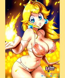 Rule 34 | 1girl, absurdres, bare shoulders, black background, blonde hair, blue background, blue eyes, blush, border, bra, breasts, cameltoe, cleft of venus, collarbone, cowboy shot, crown, earrings, elbow gloves, fire, fire peach, gloves, gradient background, highres, jewelry, large breasts, lingerie, long hair, looking at viewer, mario (series), navel, nintendo, open mouth, panties, princess peach, sasa tseng, smile, solo, standing, the super mario bros. movie, underwear, white bra, white gloves, white panties, yellow border