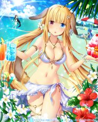 Rule 34 | 1girl, animal ears, blonde hair, blue eyes, blush, breasts, cleavage, company name, cup, dog ears, drinking glass, falkyrie no monshou, flower, hair flower, hair ornament, heterochromia, holding, holding cup, holding drinking glass, jewelry, large breasts, long hair, looking at viewer, natsumekinoko, navel, necklace, official art, parted lips, red eyes, solo, swimsuit, twintails