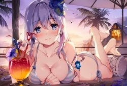 Rule 34 | 1girl, absurdres, ass, backlighting, bare shoulders, barefoot, bikini, blue bikini, blue eyes, blue flower, blue hair, blue nails, breasts, cleavage, collarbone, crazy straw, cup, drinking glass, drinking straw, emori miku, feet, flower, halterneck, heart straw, highres, large breasts, legs up, liver city, long hair, looking at viewer, lying, miyase mahiro, nail polish, on stomach, outdoors, side-tie bikini bottom, smile, solo, strap gap, string bikini, striped bikini, striped clothes, sunset, swimsuit, the pose, tropical drink, wet