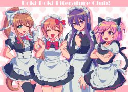 Rule 34 | 4girls, :d, ;d, ^ ^, alternate costume, animal ears, annoyed, apron, bell, black legwear, blush, bow, bowtie, brown hair, cat ears, cat tail, choker, clenched hands, closed eyes, copyright name, cowboy shot, crossed arms, doki doki literature club, enmaided, closed eyes, eyes visible through hair, facing viewer, fang, gloves, green eyes, hair between eyes, hair bow, hair ornament, hair ribbon, hairclip, hands up, heart, heart background, highres, index finger raised, jingle bell, juliet sleeves, long hair, long sleeves, looking at viewer, looking away, maid, maid headdress, monika (doki doki literature club), multiple girls, natsuki (doki doki literature club), neck bell, one eye closed, open mouth, pink eyes, pink hair, ponytail, puffy short sleeves, puffy sleeves, purple eyes, purple hair, red bow, red neckwear, red ribbon, ribbon, sasakama (sasagaki01), sayori (doki doki literature club), short hair, short sleeves, simple background, smile, tail, thighhighs, two side up, v-shaped eyebrows, very long hair, waist apron, white gloves, white ribbon, yuri (doki doki literature club)