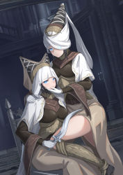 Rule 34 | 2girls, absurdres, alternate skin color, armor, armored dress, black hair, blue eyes, cape, chair, dagger, dress, elden ring, glowing, glowing eyes, hand on another&#039;s face, hand on another&#039;s shoulder, headdress, highres, knife, multiple girls, night maiden (elden ring), user wtxr2258, weapon, white cape