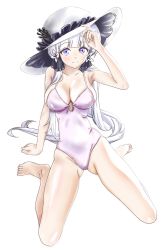 Rule 34 | 1girl, arm behind back, arm support, azur lane, bare arms, bare legs, bare shoulders, barefoot, black ribbon, blush, breasts, cleavage, closed mouth, collarbone, eyebrows, fingernails, flower, full body, gluteal fold, hair flower, hair ornament, hair ribbon, hand on headwear, hand up, hat, heart, heart o-ring, heart ring top, highres, illustrious (azur lane), long hair, looking at viewer, low twintails, medium breasts, mole, mole under eye, one-piece swimsuit, purple eyes, purple one-piece swimsuit, ribbon, saitama (antitankromeo), simple background, sitting, smile, solo, spread legs, straight hair, sun hat, swimsuit, toenails, twintails, very long hair, wariza, white background, white flower, white hair, white hat