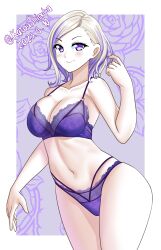 Rule 34 | 1girl, absurdres, blonde hair, blush, bra, breasts, collarbone, gradient hair, highres, jean bart (kancolle), kantai collection, katou shinobu, large breasts, looking at viewer, mole, mole under eye, multicolored hair, navel, panties, playing with own hair, purple bra, purple eyes, purple hair, purple panties, short hair, smile, solo, underwear, underwear only