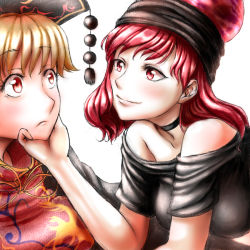Rule 34 | 2girls, bare shoulders, blonde hair, blush, breasts, choker, commentary request, eye contact, hand on another&#039;s chin, hecatia lapislazuli, junko (touhou), kamekichi27, large breasts, looking at another, multiple girls, red eyes, red hair, simple background, smile, tassel, touhou, upper body, white background, yuri