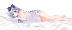 Rule 34 | 1girl, aoba project, aoba rena, bed sheet, black bow, blanket, blue hair, bow, breasts, cleavage, collarbone, feet, hair bow, highres, long hair, looking at viewer, lying, medium breasts, nude, on bed, on side, parted lips, pillow, red eyes, sakura moyon, solo, transparent background