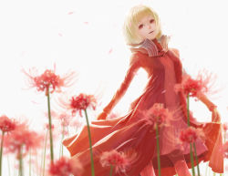 Rule 34 | 1girl, blonde hair, coat, drag-on dragoon, drag-on dragoon 1, dress, flower, manah, petals, red coat, red dress, red eyes, simple background, spider lily, tanatatatan