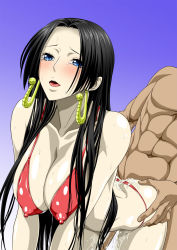 Rule 34 | 1boy, 1girl, ass, black hair, blue eyes, boa hancock, breasts, censored, covered erect nipples, cum, dark-skinned male, dark skin, highres, large breasts, long hair, nel-zel formula, nipples, one piece, open mouth, sex, swimsuit