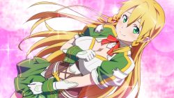 Rule 34 | 1girl, blonde hair, breasts, cleavage, female focus, game cg, gloves, green eyes, green skirt, hair down, highres, large breasts, leafa, leafa (sao:im), long hair, looking at viewer, official art, skirt, smile, solo, sword art online, sword art online: hollow fragment, white gloves
