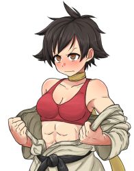 Rule 34 | 1girl, abs, bare shoulders, black hair, blush, bra, breasts, brown eyes, choker, cleavage, dougi, embarrassed, gazacy (dai), highres, makoto (street fighter), medium breasts, midriff, off shoulder, open clothes, portrait, red bra, red sports bra, ribbon choker, short hair, solo, sports bra, street fighter, tomboy, toned, underwear, undressing, upper body