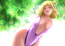 Rule 34 | 10s, 1girl, absurdres, arms behind back, bikini, blonde hair, blurry, blurry background, blush, braid, breasts, cleavage, highres, large breasts, looking at viewer, love live!, love live! sunshine!!, matching hair/eyes, medium hair, ohara mari, open mouth, outdoors, saateen (tsubame-project13), smile, solo, standing, swimsuit, tree, yellow eyes