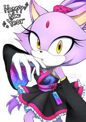 Rule 34 | 1205mina, 1girl, alternate costume, animal ears, black dress, blaze the cat, cat ears, cat girl, cat tail, chinese zodiac, detached sleeves, dragon print, dress, eyelashes, forehead jewel, gloves, happy new year, long sleeves, looking at viewer, new year, parted bangs, purple fur, solo, sonic (series), tail, white background, white gloves, wide sleeves, year of the dragon, yellow eyes