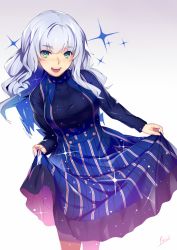 Rule 34 | 1girl, dress, freckles, green eyes, long hair, looking at viewer, open mouth, original, ribbed sweater, ryuji (ikeriu), silver hair, skirt hold, smile, solo, sparkle, striped, sweater, vertical stripes
