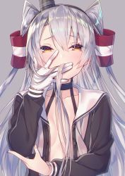 Rule 34 | 1girl, amatsukaze (kancolle), brown dress, brown eyes, covering own mouth, dress, flat chest, gloves, grey background, hair between eyes, hair tubes, kantai collection, long hair, looking at viewer, no bra, open clothes, sailor dress, silver hair, simple background, single glove, solo, tahya, two side up, upper body, white gloves