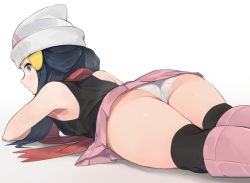Rule 34 | 1girl, armpits, ass, beanie, black hair, black shirt, black thighhighs, blue eyes, blush, boots, creatures (company), crotch seam, dawn (pokemon), feet out of frame, from behind, game freak, hat, knee boots, long hair, looking at viewer, looking back, lying, miniskirt, nintendo, on stomach, panties, pantyshot, parted lips, pink footwear, pink skirt, pleated skirt, pokemon, pokemon dppt, red scarf, scarf, shirt, simple background, skirt, sleeveless, sleeveless shirt, solo, spring2013, the pose, thighhighs, thighs, underwear, upskirt, white background, white hat, white panties