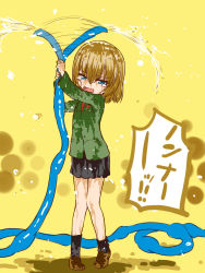 Rule 34 | 10s, 1girl, black skirt, black socks, blonde hair, blue eyes, brown footwear, crying, fang, full body, girls und panzer, green jacket, highres, holding, holding hose, hose, jacket, katyusha (girls und panzer), loafers, long sleeves, looking at viewer, miniskirt, open mouth, pleated skirt, sabaku chitai, school uniform, shoes, short hair, skirt, socks, solo, standing, tearing, wet, wet clothes, wet hair, wet jacket, wet skirt, yellow background
