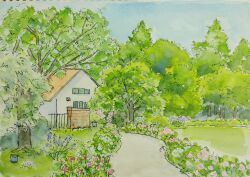 Rule 34 | bucket, building, bush, fence, forest, garden, highres, house, nature, no humans, original, painting (medium), path, plant, road, shed, traditional media, tree, watercolor (medium), yamaji nao