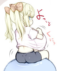Rule 34 | 1girl, aged down, artoria pendragon (all), artoria pendragon (fate), ass, ball, bike shorts, blonde hair, blue eyes, blush, bow, breasts, exercise ball, fate (series), flat ass, gigantic breasts, gym uniform, hair bow, huge breasts, kedamono kangoku-tou, long hair, looking at viewer, looking back, oppai loli, original, saber (fate), shirt, short sleeves, sitting, sitting on object, solo, twintails