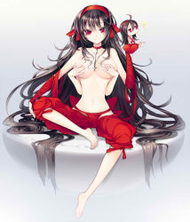 Rule 34 | bandages, barefoot, bow, breasts, brown hair, choker, covering privates, covering breasts, extra arms, hair bow, headband, long hair, looking at viewer, navel, red eyes, ribbon, simple background, smile, topless, very long hair
