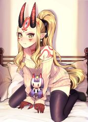 Rule 34 | 1girl, :t, alternate hairstyle, bare shoulders, black horns, black ribbon, blonde hair, blush, character doll, colored skin, commentary, dress, earrings, english commentary, eyeliner, facial mark, facial tattoo, fate/grand order, fate (series), fingernails, forehead mark, hair ribbon, highres, horns, ibaraki douji (fate), jewelry, kneeling, kumaartsu, long hair, looking at viewer, makeup, neck tattoo, no bra, nose blush, off-shoulder dress, off shoulder, on bed, oni, pale skin, pillow, pointy ears, ponytail, pout, red skin, ribbed dress, ribbon, sharp fingernails, shoulder tattoo, shuten douji (fate), skin-covered horns, solo, sweater, sweater dress, tattoo, thighhighs, two-tone skirt, v arms, very long hair, watermark, yellow eyes, zettai ryouiki