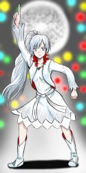 Rule 34 | 1girl, blue eyes, blush, boots, breasts, coat, commentary, dancing, disco ball, dress, highres, index finger raised, long hair, looking at viewer, multicolored background, polka dot, ponytail, rwby, small breasts, tiara, weiss schnee, white coat, white dress, white footwear, white hair