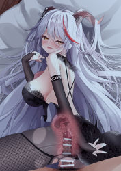 Rule 34 | 1boy, 1girl, aegir (azur lane), alternate costume, azur lane, backless dress, backless outfit, bar censor, bare shoulders, bareback, black dress, black gloves, breasts, bridal gauntlets, censored, dress, fine fabric emphasis, gloves, hair on horn, hetero, large breasts, long hair, looking at viewer, lying, madotsukumo, male pubic hair, multicolored hair, on side, penis, pubic hair, red hair, sex, two-tone hair, vaginal, very long hair, white hair, x-ray, yellow eyes