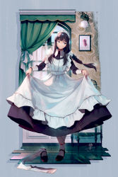 Rule 34 | 1girl, apron, black footwear, black hair, curtains, floor, green eyes, grin, highres, holding, holding clothes, long hair, long sleeves, looking at viewer, maid, maid apron, maid headdress, nail polish, okeno kamoku, open mouth, original, picture frame, red nails, shadow, shoes, signature, single sock, smile, socks, solo, standing, standing on one leg, table, teeth, thighhighs, toes, unworn shoes, white apron, white footwear, window