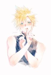 Rule 34 | 1boy, black nails, blonde hair, cloud strife, cropped torso, final fantasy, final fantasy vii, finger to mouth, green eyes, hands up, hashtag-only commentary, highres, koshikun, male focus, no armor, official alternate eye color, parted lips, short hair, signature, sleeveless, sleeveless sweater, sleeveless turtleneck, slit pupils, solo, spiked hair, sweater, turtleneck, turtleneck sweater, upper body, white background