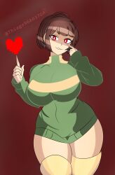 Rule 34 | 1girl, artist name, big breasts, breasts, brown hair, chara, chara (undertale), curvy, female focus, focus, heart, large breasts, looking at viewer, red eyes, solo, soul, sweater, tfa, tfa (artist), thick thighs, thighhighs, thighs, undertale, undertale (series), wide hips