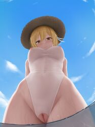 Rule 34 | 1girl, absurdres, arms behind back, blonde hair, blue sky, breasts, censored, cleft of venus, closed mouth, covered navel, crotchless, crotchless swimsuit, day, from below, genshin impact, hat, highres, large breasts, looking at viewer, looking down, lumine (genshin impact), mosaic censoring, nipple cutout, nipples, one-piece swimsuit, pussy, see-through swimsuit, sky, smile, solo, straw hat, swimsuit, wading, water, wet, white one-piece swimsuit, yellow eyes, z282g