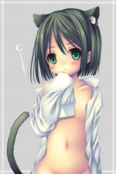Rule 34 | 1boy, :&lt;, animal ears, bad id, bad pixiv id, bob cut, cat boy, cat ears, cat tail, fate/stay night, fate/zero, fate (series), green eyes, green hair, kemonomimi mode, male focus, march-bunny, matching hair/eyes, naked shirt, open clothes, open shirt, out-of-frame censoring, shirt, short hair, solo, tail, trap, waver velvet