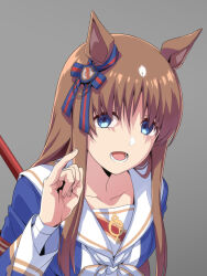 Rule 34 | 1girl, animal ears, blue eyes, blue jacket, breasts, brown hair, grass wonder (umamusume), grey background, hand up, horse ears, jacket, long hair, long sleeves, neckerchief, open mouth, pinky out, pinky swear, sailor collar, shirt, simple background, small breasts, solo, umamusume, upper body, wakoudo, white neckerchief, white shirt