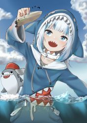 Rule 34 | 1girl, absurdres, animal hood, arm up, blue eyes, blue hair, blue hoodie, blue sky, blush, boat, can, collarbone, commentary, day, fangs, gawr gura, gawr gura (1st costume), highres, holding, hololive, hololive english, hood, hood up, hoodie, huge filesize, kaos (998), long sleeves, multicolored hair, open mouth, shark, shark girl, shark hood, sharp teeth, sky, smile, solo, streaked hair, teeth, virtual youtuber, wading, water, watercraft, white hair