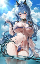 Rule 34 | 1girl, :o, absurdres, bikini, bikini under clothes, blue bikini, blue eyes, blue hair, blush, breasts, gloves, goddess of victory: nikke, helm (nikke), highres, impossible clothes, impossible shirt, large breasts, long hair, long sleeves, looking at viewer, navel, no pants, outdoors, r0 0ong, shirt, solo, stomach, string bikini, sunlight, swimsuit, very long hair, wading, water drop, wet, wet clothes, wet shirt, white gloves, white shirt