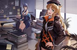 Rule 34 | 2girls, arknights, black headwear, black jacket, black shorts, window blinds, blonde hair, blue hair, blue jacket, book, book stack, ch&#039;en (arknights), chair, coffee cup, cup, desk, disposable cup, drill hair, green eyes, holding, holding cup, horns, indoors, jacket, lamp, long sleeves, looking at viewer, low twintails, map, masin0201, monitor, multiple girls, necktie, off-shoulder jacket, off shoulder, office chair, open mouth, plant, red eyes, shirt, shorts, sleeveless, sleeveless shirt, smile, sticky note, swire (arknights), swivel chair, tile floor, tiles, tissue box, twintails, white shirt, yellow neckwear