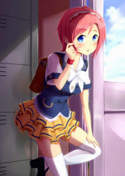 Rule 34 | 1girl, ahoge, armband, backpack, bag, blue eyes, blush, book, bow, bowtie, buttons, cloud, day, female focus, frilled skirt, frills, getabako, hairband, highres, indoors, looking at viewer, original, red hair, school, school bag, school uniform, shirt, shoe lockers, shoes, short hair, short sleeves, skirt, sky, solo, standing, standing on one leg, sweatband, sweatdrop, thighhighs, vest, white bow, white bowtie, white shirt, white thighhighs, wristband, zeku (furrock), zettai ryouiki