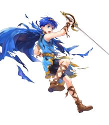 Rule 34 | 1boy, alpha transparency, bike shorts, blue eyes, blue hair, brown footwear, cape, damaged, fire emblem, fire emblem: mystery of the emblem, fire emblem heroes, highres, holding, holding sword, holding weapon, male focus, marth (fire emblem), matching hair/eyes, nintendo, official art, open mouth, solo, sword, tiara, torn, torn cape, torn clothes, transparent background, tunic, wada sachiko, weapon, aged down