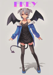 Rule 34 | 1girl, artist name, bare shoulders, black dress, black thighhighs, blue footwear, blue jacket, breasts, cleavage, demon girl, demon horns, demon tail, demon wings, dress, earrings, fkey, full body, grey background, grey hair, horns, jacket, jewelry, looking at viewer, open clothes, open jacket, original, parted lips, red eyes, shoes, short dress, short hair, simple background, solo, spaghetti strap, spread wings, standing, tail, thighhighs, two side up, wings