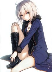 Rule 34 | 1girl, absurdres, ahoge, black dress, black footwear, boots, breasts, cleavage, closed mouth, collarbone, dress, fate/grand order, fate (series), fingernails, fur trim, highres, jacket, jeanne d&#039;arc (fate), jeanne d&#039;arc alter (fate), jeanne d&#039;arc alter (ver. shinjuku 1999) (fate), jewelry, knee boots, knee up, legs, lips, long sleeves, looking at viewer, necklace, official alternate costume, pale skin, scan, short dress, short hair, simple background, sitting, solo, thighs, toosaka asagi, white background, wicked dragon witch ver. shinjuku 1999, zipper