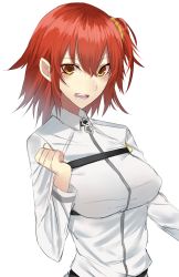 Rule 34 | 1girl, brown eyes, collared shirt, fate/grand order, fate (series), fujimaru ritsuka (female), hair between eyes, hand up, highres, looking at viewer, onineko-chan, open mouth, red hair, scrunchie, shirt, short hair, side ponytail, simple background, smile, solo, strap, teeth, white background, white shirt
