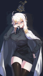 Rule 34 | 1girl, absurdres, black skirt, blue eyes, coat, coat on shoulders, energy drink, faust (project moon), highres, limbus company, long sleeves, looking at viewer, monster energy, pencil skirt, project moon, skirt, solo, sushispin, thighhighs, turtleneck, white coat, white hair