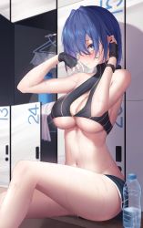 Rule 34 | absurdres, blue hair, bottle, breasts, cleavage, dodari, duplicate, fingerless gloves, from side, gloves, hair between eyes, highres, hololive, hololive english, large breasts, narrow waist, ouro kronii, short hair, short shorts, shorts, sitting, sports bra, sweat, thighs, underboob, virtual youtuber, water bottle