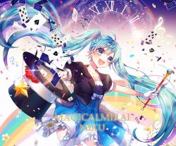 Rule 34 | 1girl, ahoge, black hat, blue eyes, blue hair, blush, breasts, card, character name, cleavage, copyright name, hat, hatsune miku, holding, holding clothes, holding hat, long hair, looking at viewer, magical mirai (vocaloid), magical mirai miku, magical mirai miku (2013), musical note, open mouth, playing card, shina (sbk951121), smile, solo, top hat, twintails, unworn hat, unworn headwear, vocaloid