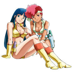 Rule 34 | 2girls, breasts, cleavage, dirty pair, highres, holstered, kei (dirty pair), multiple girls, official art, short shorts, shorts, simple background, white background, yuri (dirty pair)