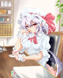 Rule 34 | 1girl, absurdres, ascot, bad id, bad pixiv id, bat wings, blouse, blush, book, bookshelf, chair, commentary, cup, desk, elbow rest, hair between eyes, hat, hat ribbon, head rest, head tilt, highres, holding, holding cup, indoors, inkwell, jar, light particles, light purple hair, looking at viewer, mob cap, office chair, paper stack, pen holder, picture frame, puffy short sleeves, puffy sleeves, red ascot, red eyes, remilia scarlet, ribbon, saucer, shirt, short hair, short sleeves, sika (kakakaka), sitting, sitting on pillow, skirt, smile, solo, swivel chair, teacup, touhou, white hat, white shirt, white skirt, wings, wrist cuffs