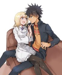 Rule 34 | 10s, 1boy, 1girl, 2019, :d, age difference, ascot, black hair, black jacket, black pants, black pantyhose, blonde hair, blue eyes, brown shirt, collared jacket, commentary request, couch, crossed legs, dress, eye contact, hand on another&#039;s chin, highres, index finger raised, jacket, kamijou touma, leivinia birdway, long sleeves, looking at another, medium hair, nanaheibei 3, on couch, open mouth, pants, pantyhose, shirt, short dress, sitting, sitting on lap, sitting on person, smile, spiked hair, teenage boy and younger girl, toaru majutsu no index, white ascot, white background, white dress