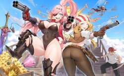 Rule 34 | 1boy, 1other, 2girls, armor, arrow (projectile), arrow in body, arrow in head, bandana, barrel, belt, black pants, blonde hair, blue eyes, bone, breasts, brown dust 2, brown leotard, cloud, cloudy sky, coin, double barrels, dual wielding, explosion, eyepatch, feet out of frame, gold coin, greatsword, greaves, groin, gun, helmet, highres, holding, holding gun, holding sword, holding weapon, holster, ingrid (brown dust), large breasts, leotard, long hair, looking at viewer, looking back, multiple girls, no eyes, object through head, one eye closed, pants, pink hair, pointing gun, ponytail, red bandana, rubia (brown dust), scroll, ship, ship deck, shirt, skeleton, sky, smug, sword, teeth, thick thighs, thigh holster, thighhighs, thighs, tight clothes, tight pants, tongue, tongue out, treasure chest, two-tone bandana, upper teeth only, very long hair, watercraft, weapon, white shirt, wiggle (brown dust), yohan 29842724